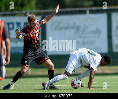 Williamsburg, VA, USA. 16th Sep, 2017. 20170916 - Campbell midfielder GIDEON BETZ (6) trips William and Mary midfielder JULIAN NGOH (24) in the second half at Martin Family Stadium in Williamsburg, Va. Credit: Chuck Myers/ZUMA Wire/Alamy Live News Stock Photo