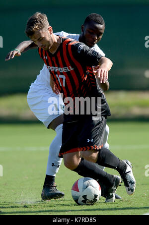 Williamsburg, VA, USA. 16th Sep, 2017. 20170916 - Campbell midfielder BASTIEN OBERLI (17) spins away with the ball from William and Mary forward CHRISTIAN JONES (18) in the second half at Martin Family Stadium in Williamsburg, Va. Credit: Chuck Myers/ZUMA Wire/Alamy Live News Stock Photo