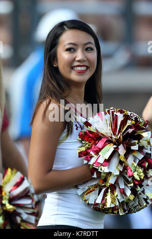 Alumni Stadium. 16th Sep, 2017. MA, USA; A Boston College Eagles cheerleader look on during the first half of the NCAA football game between Notre Dame Fighting Irish and Boston College Eagles at Alumni Stadium. Notre Dame defeated Boston College 49-20. Anthony Nesmith/CSM/Alamy Live News Stock Photo