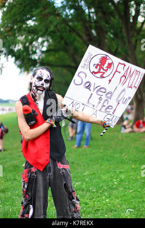 Washington, DC - September 16, 2017: Juggalos gather at the Lincoln Memorial and march on Washington to show their opposition to the FBI's classification of Insane Clown Posse fans as a gang. Stock Photo