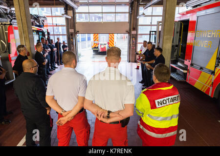 Hanover, Germany. 11th Aug, 2017. Firemen and emergency doctors at the start of a shift at the Feuer- und Rettungswache 3 (lit. fire and ambulance station 3) in Hanover, Germany, 11 August 2017. Photo: Silas Stein/dpa/Alamy Live News Stock Photo
