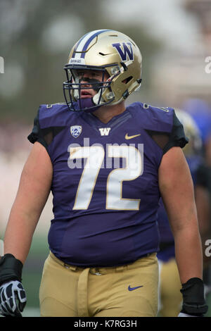 Seattle, WA, USA. 16th Sep, 2017. UW tackle Trey Adams (72) warming up before an NCAA football game between the Fresno State Bulldogs and the Washington Huskies. The game was played at Husky Stadium in Seattle, WA. Jeff Halstead/CSM/Alamy Live News Stock Photo
