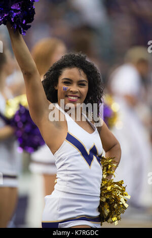 Seattle, WA, USA. 16th Sep, 2017. The UW cheer group in action during a NCAA football game between the Fresno State Bulldogs and the Washington Huskies. The game was played at Husky Stadium in Seattle, WA. Jeff Halstead/CSM/Alamy Live News Stock Photo