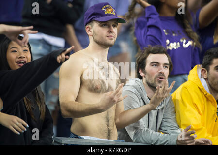 Seattle, WA, USA. 16th Sep, 2017. The Washington student section (Dawg Pack) during a NCAA football game between the Fresno State Bulldogs and the Washington Huskies. The game was played at Husky Stadium in Seattle, WA. Jeff Halstead/CSM/Alamy Live News Stock Photo