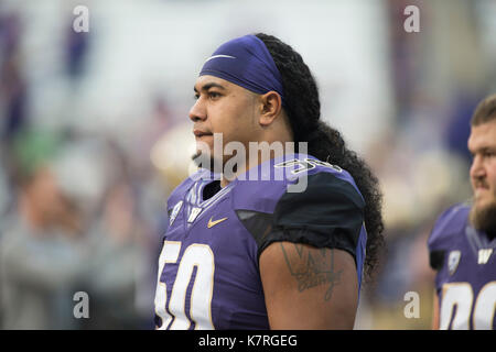 Seattle, WA, USA. 16th Sep, 2017. US tackle Vita Vea (50) before an NCAA football game between the Fresno State Bulldogs and the Washington Huskies. The game was played at Husky Stadium in Seattle, WA. Jeff Halstead/CSM/Alamy Live News Stock Photo