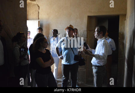 Cairo, Egypt. 16th Sep, 2017. Egyptian Minister of Antiquities, Khaled El-Enany and Stephane Romatet, Ambassador of France to Egypt, visit the Nemt Bes tomb, Saqqara's ancient burial grounds in Giza, Egypt, 16 Septemper 2017. The visit was to witness the work achieved in the preservation, development, and enhancement of the Saqqara Archaeological site, financed by the French Development Agency Credit: Amr Sayed/APA Images/ZUMA Wire/Alamy Live News Stock Photo