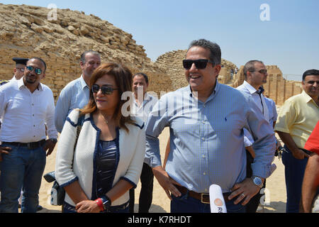 Cairo, Egypt. 16th Sep, 2017. Egyptian Minister of Antiquities, Khaled El-Enany and Stephane Romatet, Ambassador of France to Egypt, visit the Nemt Bes tomb, Saqqara's ancient burial grounds in Giza, Egypt, 16 Septemper 2017. The visit was to witness the work achieved in the preservation, development, and enhancement of the Saqqara Archaeological site, financed by the French Development Agency Credit: Amr Sayed/APA Images/ZUMA Wire/Alamy Live News Stock Photo