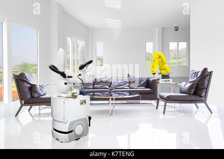 Automatic mobile robot serving drinks in smart home, Technology 4.0 concept Stock Photo