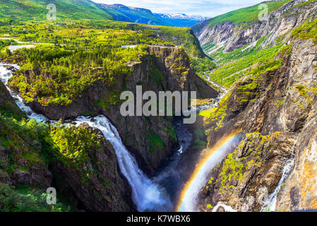 Waterfall Voringfossen and panorama view over the plateau and canyon of Mabodalen, Norway, Scandinavia Stock Photo