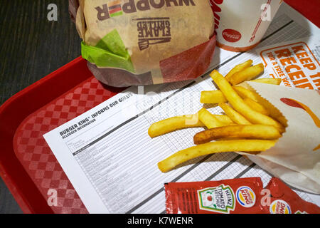 allergen information sheet on a tray with a burger king meal Stock Photo