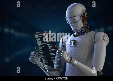 3d rendering humanoid robot working with digital tablet Stock Photo