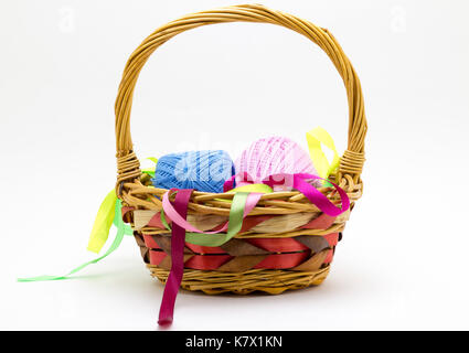 Basket with thread close-up on a white background. Stock Photo