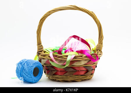 Basket with thread close-up on a white background. Stock Photo