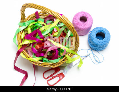 Basket with thread close-up on a white background. Stock Photo