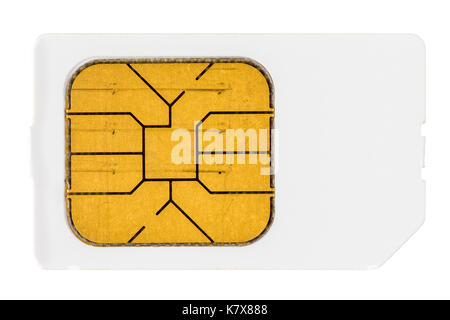 Used mobile phone sim card, isolated on white background Stock Photo