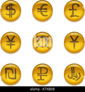 Buttons with currency signs, set Stock Vector