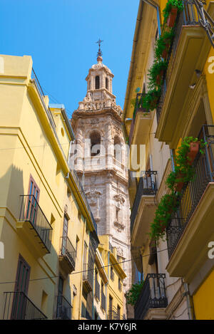 Old town Valencia, view of the baroque bell tower of the Santa Catalina church at the centre of the old town quarter in Valencia, Spain. Stock Photo