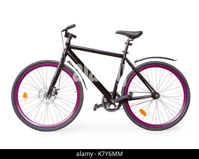 Black fixed simple urban bike with violet whells. Isolated on white, clipping path included Stock Photo