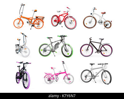 Different bikes collection. Set of electric, urban, cruiser, MTB and folding bikes isolated on white Stock Photo