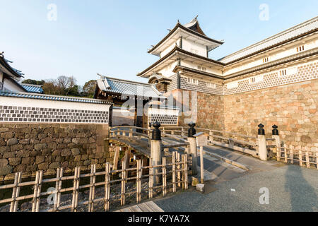 Reconstructed Kanazawa castle, Japan. Hashizume bridge and koraimon style gate part of the masugata compound gate, the Tsuzuki Yagura and inner moat. Stock Photo