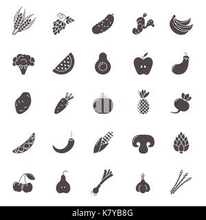 Fruit and Vegetables icon set. Vegan natural bio pictograms. Artichoke, asparagus, wheat, bananas, grapes, leeks, garlic, ginger and others organic food signs. Stock Vector