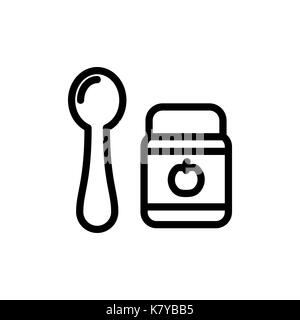 Baby feeding glass jar apple puree thin line icon. Outline symbol baby nutrition and spoon for the design of children's webstie and mobile applications. Outline stroke kid feeding accessory pictogram Stock Vector