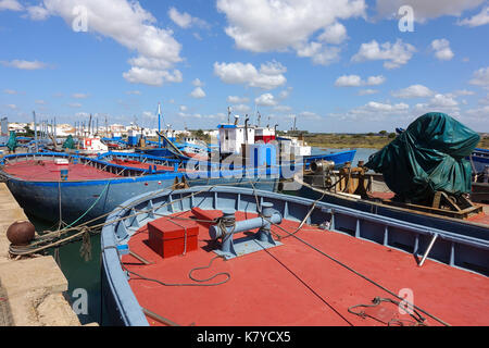 Barbate river, Traditional Red tuna fishing boats moored in old port, Almadraba, harbour, Cadiz, Andalusia, Spain. Stock Photo