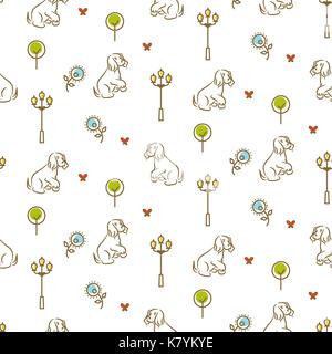 Cute dog on a promenade seamless vector pattern. Stock Vector