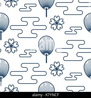 Japanese fan pattern in blue and orange colors. Stock Vector