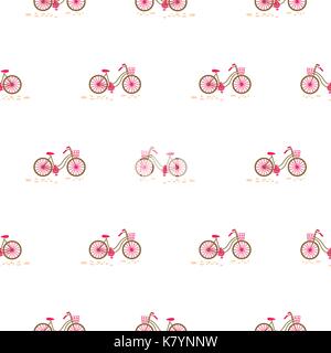Bicycle with basket on the front wheel white seamless pattern. Stock Vector