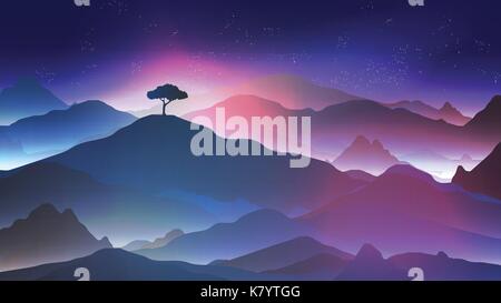 Starry Night in the Mountains with a Lone Tree - Vector Illustration Stock Vector