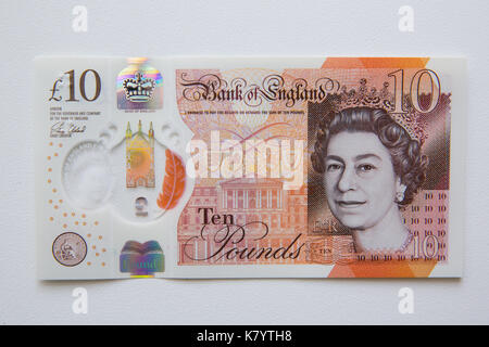 Image of the new, plastic, ten pound, sterling note. Stock Photo