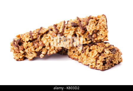 Healthy chocolate cereal bar munchies isolated on white background Stock Photo