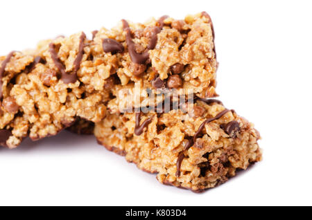 Healthy chocolate cereal bar munchies isolated on white background Stock Photo