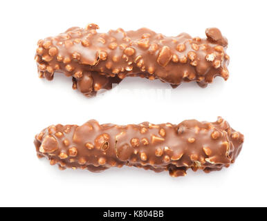 Milk chocolate with nuts and raisins isolated on white background Stock Photo