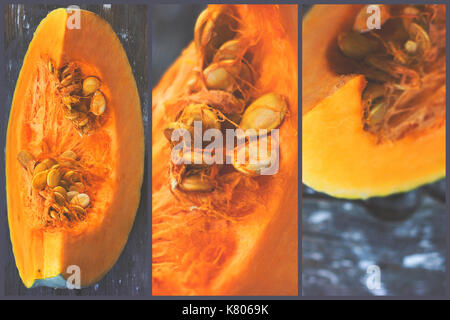 Triptych - raw pumpkin slice on wooden background; kitchen decoration Stock Photo