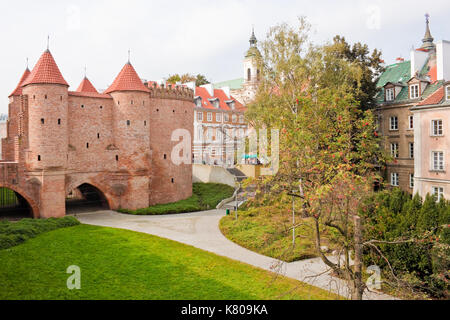Warsaw Barbican, medieval fortification, reconstructed in 1950s after being destroyed during World War II. Stock Photo