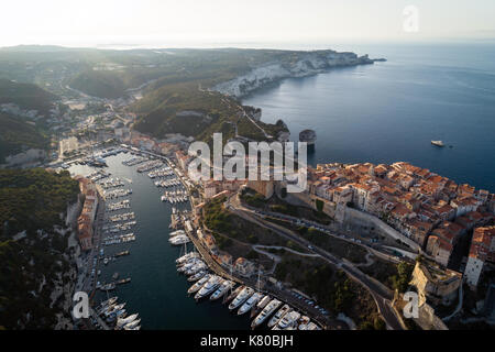 Aerial view of boats and yachts in marina of historical city Bonifacio, Corsica, France Stock Photo