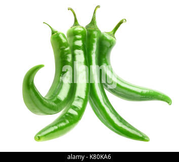 Isolated peppers. Bundle of hot green peppers isolated on white background with clipping path Stock Photo