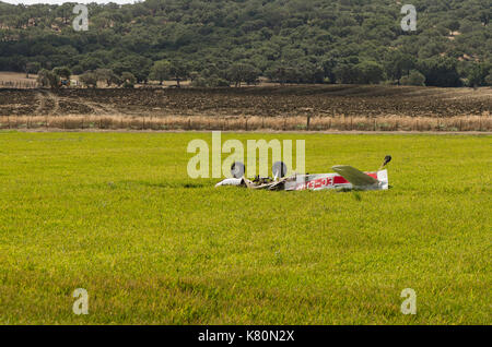 Small Crashed plane wreckage in rice fields of La Janda, Cadiz, Spain. Stock Photo