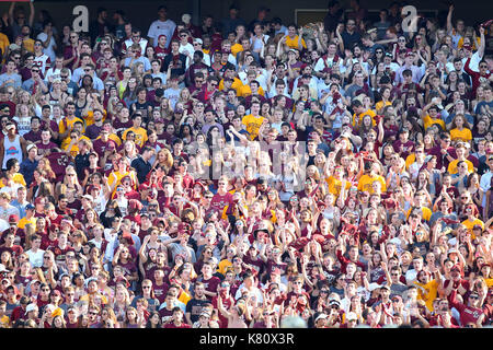 Alumni Stadium. 16th Sep, 2017. MA, USA; Boston College Eagles fans cheer on their team during the first half of the NCAA football game between Notre Dame Fighting Irish and Boston College Eagles at Alumni Stadium. Notre Dame defeated Boston College 49-20. Anthony Nesmith/CSM/Alamy Live News Stock Photo