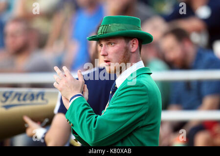 Alumni Stadium. 16th Sep, 2017. MA, USA; Notre Dame's Lucky the Leprechaun looks on during the second half of the NCAA football game between Notre Dame Fighting Irish and Boston College Eagles at Alumni Stadium. Notre Dame defeated Boston College 49-20. Anthony Nesmith/CSM/Alamy Live News Stock Photo