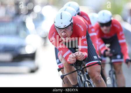 Only an 12th. place at the Team Time Trial event in Bergen Norway on the opening day of the Cycling Road World Championship for the Trek-Segafredo team. Here Matthias Brandle pulls in front 24km into the race. Stock Photo