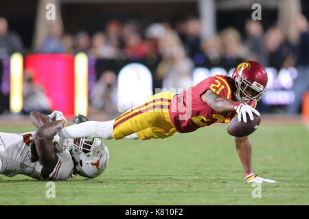 Los Angeles, CA, US, USA. 16th Sep, 2017. September 16, 2017: USC Trojans running back Stephen Carr (7) dives for the first down in the game between the Texas Longhorns and the USC Trojans, The Los Angeles Memorial Coliseum in Los Angeles, CA. Peter Joneleit/ Zuma Wire Service Credit: Peter Joneleit/ZUMA Wire/Alamy Live News Stock Photo