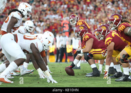 Los Angeles, CA, US, USA. 16th Sep, 2017. September 16, 2017: Both teams line up before a snap in the game between the Texas Longhorns and the USC Trojans, The Los Angeles Memorial Coliseum in Los Angeles, CA. Peter Joneleit/ Zuma Wire Service Credit: Peter Joneleit/ZUMA Wire/Alamy Live News Stock Photo