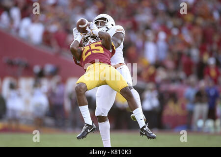 Los Angeles, CA, US, USA. 16th Sep, 2017. September 16, 2017: USC Trojans cornerback Jack Jones (25) makes an interception in the game between the Texas Longhorns and the USC Trojans, The Los Angeles Memorial Coliseum in Los Angeles, CA. Peter Joneleit/ Zuma Wire Service Credit: Peter Joneleit/ZUMA Wire/Alamy Live News Stock Photo