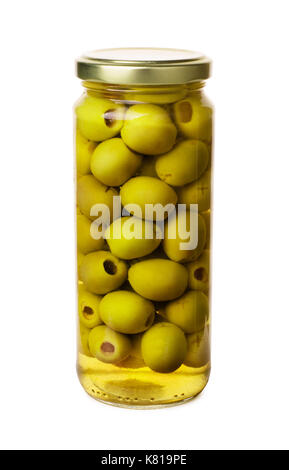 Green olives preserved in bank bottle isolated on a white background Stock Photo