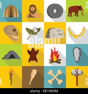 Caveman icons set, flat style Stock Vector