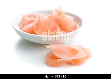 Pickled sushi ginger slices isolated on white background. Stock Photo
