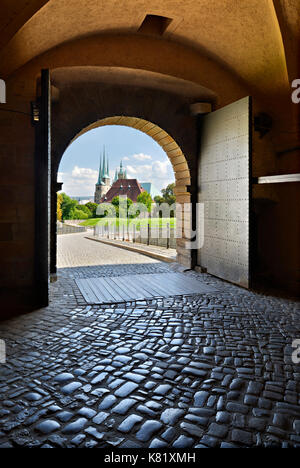 Fortress gate, view from the citadel Petersberg to Erfurt Cathedral and parish church St. Severi, Erfurt, Thuringia, Germany Stock Photo